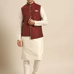 KISAH Men Cream-Coloured Solid Kurta with Churidar & Nehru Jacket-picture-12