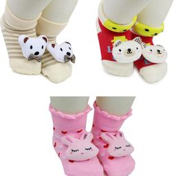 NESKA MODA 6 To 12 Months Baby Set Of 3 Pair Cotton Anti Slip Face Ankle Socks/ Booties-29