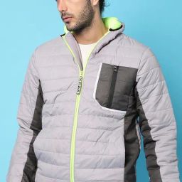 Campus Sutra Grey Cotton Regular Fit Colour Block Puffer Jacket-2
