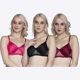 FIMS Black & Maroon Lace Work Bras - Pack Of 3-image-78