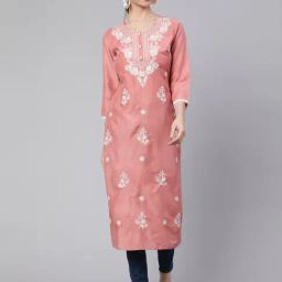 Jaipur Kurti Peach Silk Chikankari Straight Kurta-picture-23