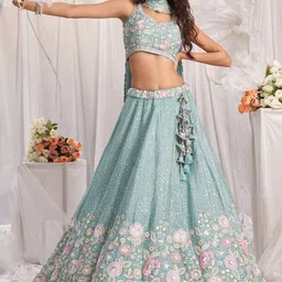 panchhi Embroidered Sequinned Semi-Stitched Lehenga & Unstitched Blouse With Dupatta-image-98