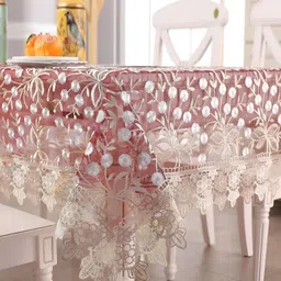 TANLOOMS Maroon & White Floral Embroidery Anti-Skid 8-Seater Tissue Table Cover-24