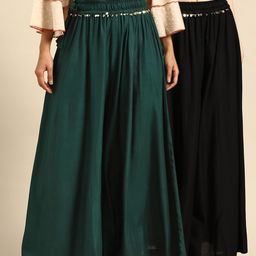 TAG 7 Women Black & Green Solid Flared Palazzos-image-52