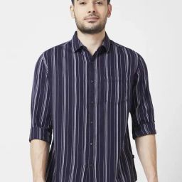 Spykar Navy Blue Cotton Slim Fit Striped Shirt-image-15