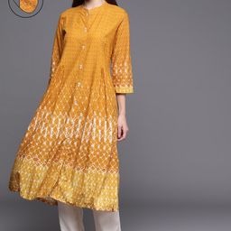 Biba Women Mustard Yellow & White Geometric Dyed Gathered A-line Kurta with Mask-picture-11