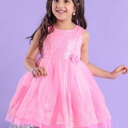 Babyhug Sleeveless Embroidered Party Frock with Sequins Detailing & Floral Applique - Light Pink-image-3