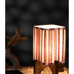 Green Girgit Wooden Brown Base Lamp with pleeted Red Leafyprint Soft Shade-9