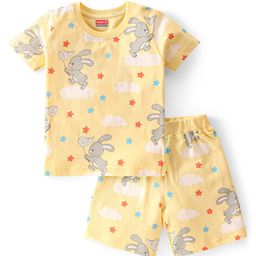 Babyhug Single Jersey Knit Half Sleeves  Shorts Set Night Suit with Bunny Print - Yellow-image-55