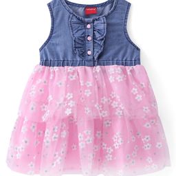 Babyhug Chambray Woven Sleeveless Layered Frock with Frill Detailing & Floral Print - Blue & Pink-image-80