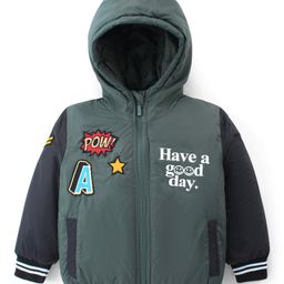 Babyhug Woven Full Sleeves Padded Hooded Jacket With Text Print & Embroidery - Green & Black-picture-7