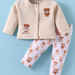 ToffyHouse Fleece Knit Full Sleeves Embroidered Top & Bear Printed Leggings Set - Beige-image-93