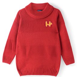 Honeyhap Premium Knitted Full Sleeves Textured Pullover Sweater with Chenille Logo- Rust Brown-image-1