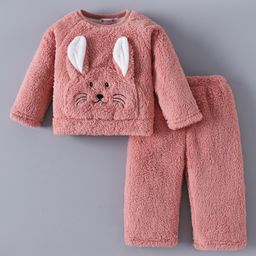 Kookie Kids Raglan Sleeves Winter Wear Night Suit With Animal Applique - Pink-image-109