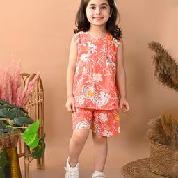Superminis Cotton Sleeveless Floral Printed Coordinating Top & Shorts Set - Peach-image-97