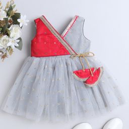 Many frocks & Sleeveless Foil Printed With Lace & Sequins Embellished Net Dress - Grey-image-101