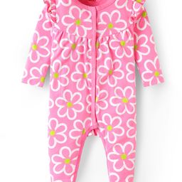 Babyhug Cotton Knit Full Sleeves Footed Sleep Suit with Floral Print & Frill Detailing - Pink-image-44