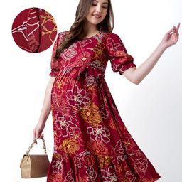 Bella Mama Women Short Sleeves Floral Printed Maternity Dress with Pocket - Maroon-picture-36