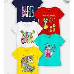 Trampoline Pack Of 5 Half Sleeves Girl Gang & Paris Text Printed Tees - Multi Colour-image-50