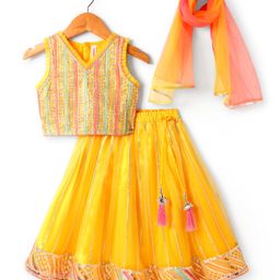 Babyhug Woven Sleeveless Choli Lehenga Set And Dupatta With Net Embroidery & Lace Detailing - Yellow-picture-6