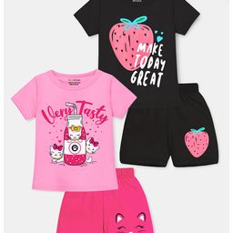 Trampoline Pack Of 2 Half Sleeves Cat & Strawberry Printed Tees & Shorts Set - Black & Pink-image-73
