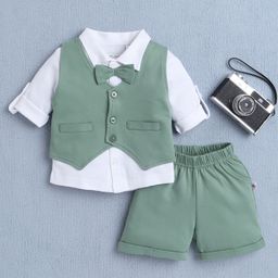 BUMZEE Cotton Full Sleeves Bow Applique Detailed 3 Piece Party Suit Set - White & Green-image-83