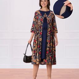 Bella Mama Woven Three Fourth Sleeves Long Shrug With Inner Solid A-line Maternity Kurta with Floral Embroidery - Navy Blue-image-69