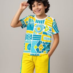 Ollington St. Cotton Half Sleeves T-Shirt & Shorts with Abstract Print - Light Blue & Yellow-picture-45
