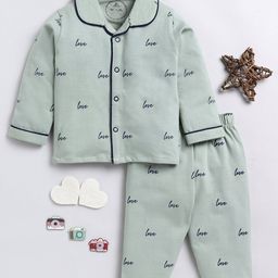 Clt.s Cotton Woven Full Sleeves Love Text Printed Coordinating Night Suit Set - Green-image-67