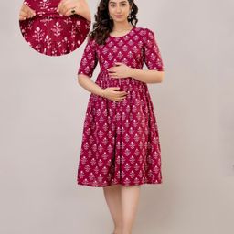 CeleBravo Cotton Half Sleeves Floral Motifs Printed Maternity Dress With Nursing Access - Purple-image-89