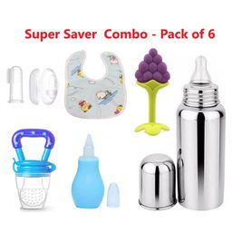 Enorme Super 6 pcs Combo of Grapes Teether, Nibbler, Steel Bottle, Nose Cleaner, Bib, Finger Brush-1