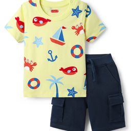 Babyhug Single Jersey Knit Half Sleeves T-Shirt & Shorts Set with Nautical Theme Print - Yellow & Navy Blue-image-59