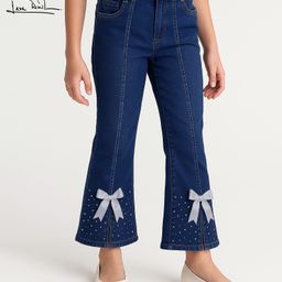 Arias Cotton Woven Ankle Length Washed Flared Jeans With Stretch Bow & Rhinestones Detailing - Blue-image-49