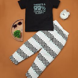 RAINE AND JAINE Cotton Knit Half Sleeves There Is 99% Chance I M Sleepy Text Printed & Checked Night Suit Set - Black & White-image-72