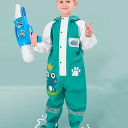 Little Surprise Box PVC Full Raglan Sleeves Frog Designed Jumpsuit Style Hooded Raincoat - Teal Blue-image-67