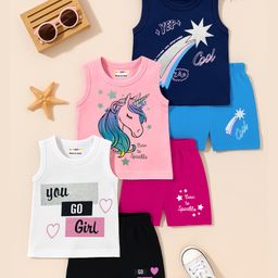 KUCHIPOO Cotton Knit Pack Of 3 Sleeveless Shooting Star & Typography Printed Tees & Shorts Set - Black Navy Blue White & Pink-image-25