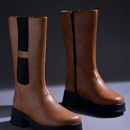 Shoetopia Colour Blocked Zipper Closure Long Boots - Tan-image-38