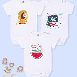 The Mom Store Cotton Knit Pack Of 3 Half Sleeves Baby Animals & Typography Printed Onesies - White-9