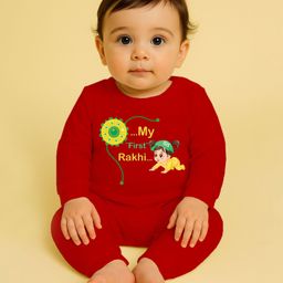 The Peppy Tend 100% Cotton Knit Raksha Bandhan Theme Full Sleeves My First Rakhi Text Printed Romper - Red-image-94