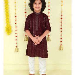 Ministitch Cotton Woven Full Sleeves Foil Striped Kurta Pyjama Set - Wine-image-33