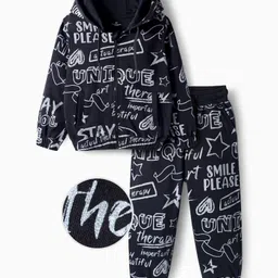 OLLINGTON ST. Cotton Knit Full Sleeves Text Printed Hooded Sweatshirts & Knit Joggers - Black-picture-38
