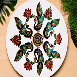 Kala Samarpan Green & Red Peacock Shaped Rangoli Sticker With Centerpiece image 3