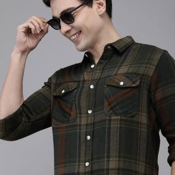 THE BEAR HOUSE Olive Green Tartan Checked Heavy Weight Flannel Pure Cotton Slim Fit Shirt-picture-13