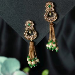 Aatmana White & Green Classic Beads & Kundan Studded, Gold-Plated Dangler Earrings for Women image 1