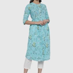 Indibelle Sky Blue Cotton Floral Print A Line Kurta-image-68