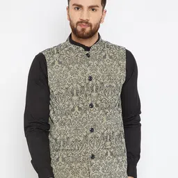even Men Green & Black Printed Nehru Jacket-27