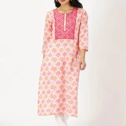 Saffron Threads White & Pink Cotton Printed Straight Kurta-22