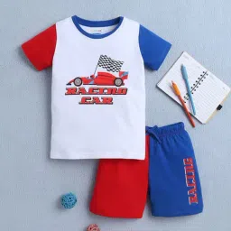Bumzee Boys White & Royal Blue Half Sleeves T-Shirt & Short Set-image-36