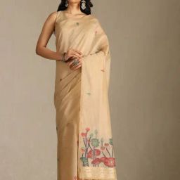 Soch Beige Chanderi Floral Saree With Stitched Blouse-image-12