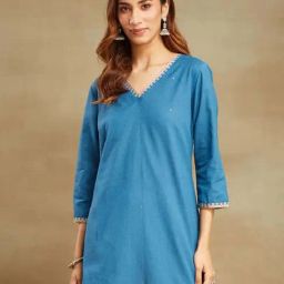 Fabindia Blue Cotton Straight Short Kurti-image-61